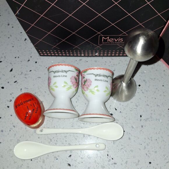 Mevis Line Boiled Eggs Cups Set Cups Timer Spoons Egg Topper Cracker - Picture 6 of 10